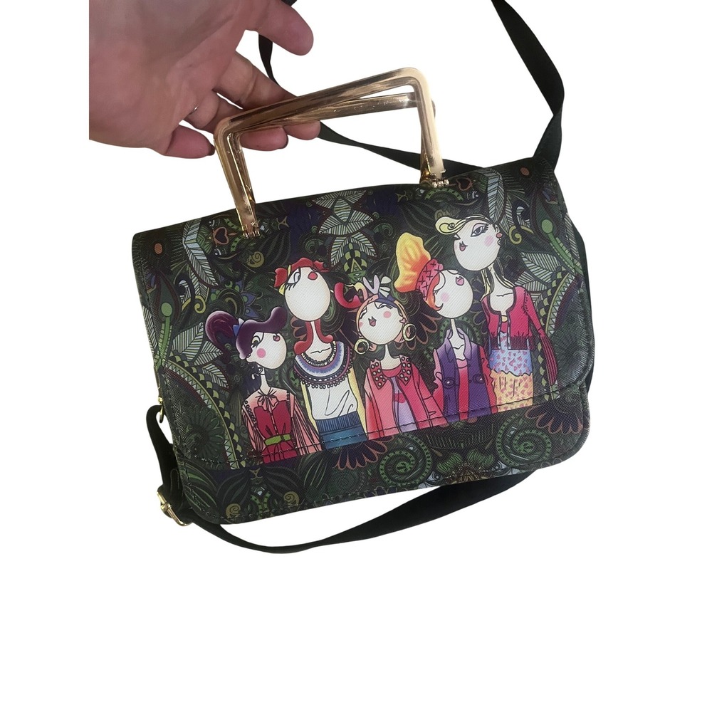 Artistic Fashion Illustration Crossbody Bag Gold Metal Handle Green Satchel